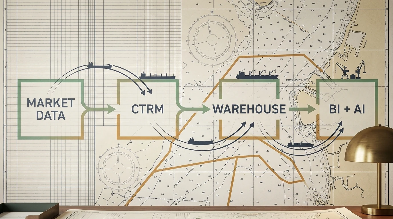 Commodity trading technology architecture for AI: market data, CTRM, warehouse, BI and AI.