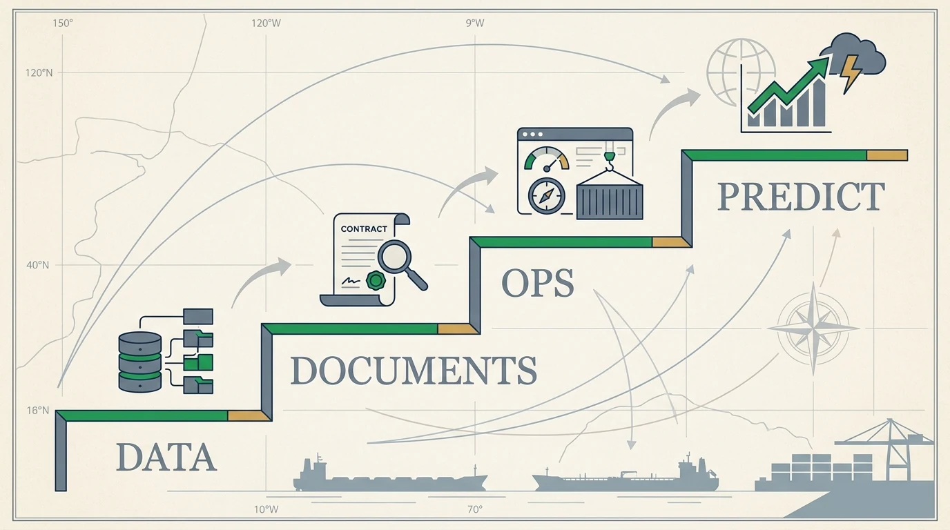 Commodity AI order of operations: data foundation, document automation, operational intelligence, then predictive AI.