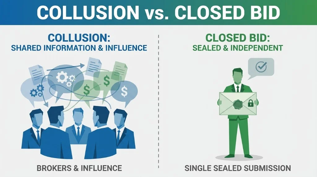 Collusion vs closed bid: shared information and influence among brokers versus sealed, independent single submission.
