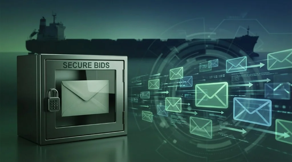 Secure sealed bids versus email tenders: locked bid box with envelope and padlock contrasted with flowing email icons; cargo ship silhouette in background.