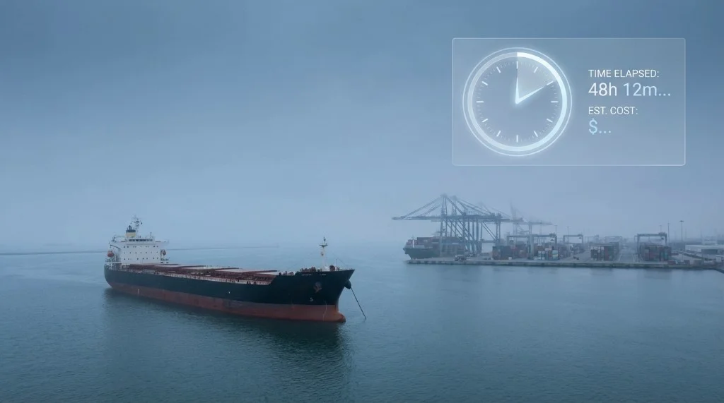 Bulk carrier at port with time and cost overlay: TIME ELAPSED 48h 12m and EST. COST — demurrage and procurement speed link.