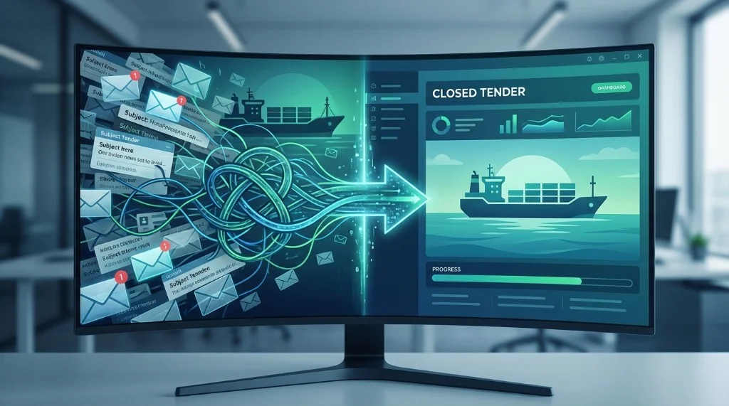 Email tendering chaos versus closed tender dashboard: cluttered inbox and tangled data flow transforming into organized progress and analytics.