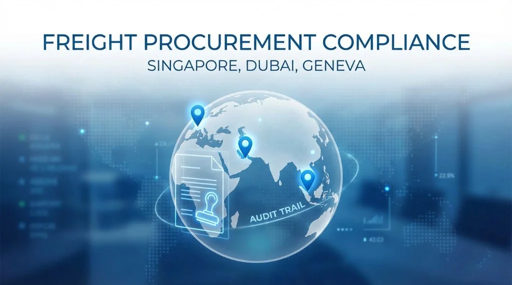 Freight procurement compliance: Singapore, Dubai, Geneva; globe with location pins and audit trail.