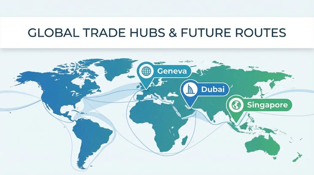 Global trade hubs and future routes: world map with Geneva, Dubai, and Singapore highlighted as key freight and commodity trading centers, connected by shipping routes.