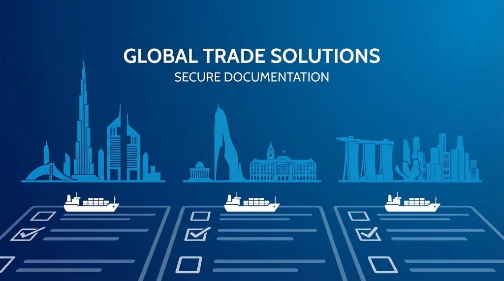 Global trade solutions and secure documentation: Dubai, Geneva, and Singapore skylines with cargo ships and compliance checklists for freight tendering.