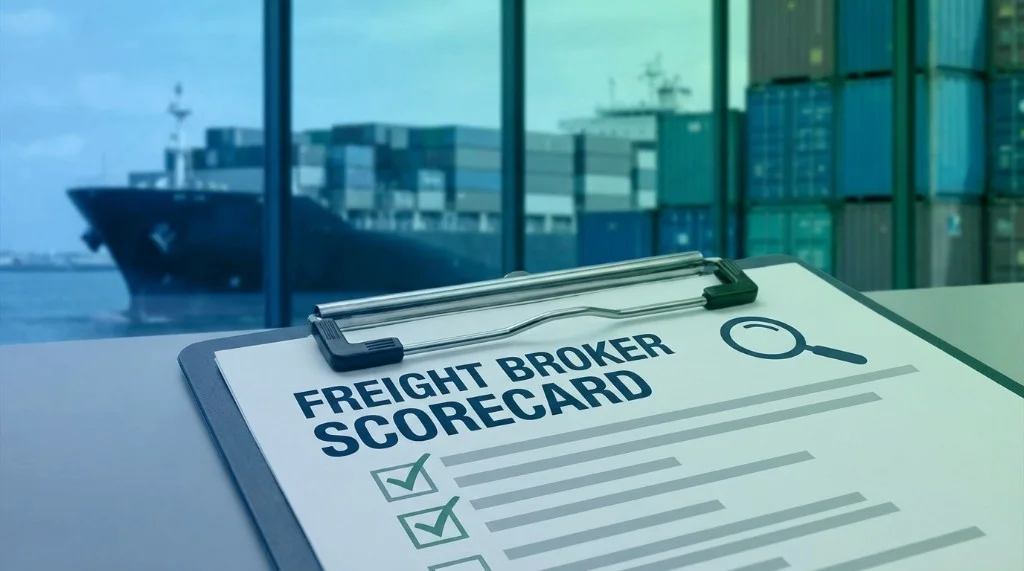 Freight broker scorecard on clipboard with checkmarks; port and cargo ship in background.