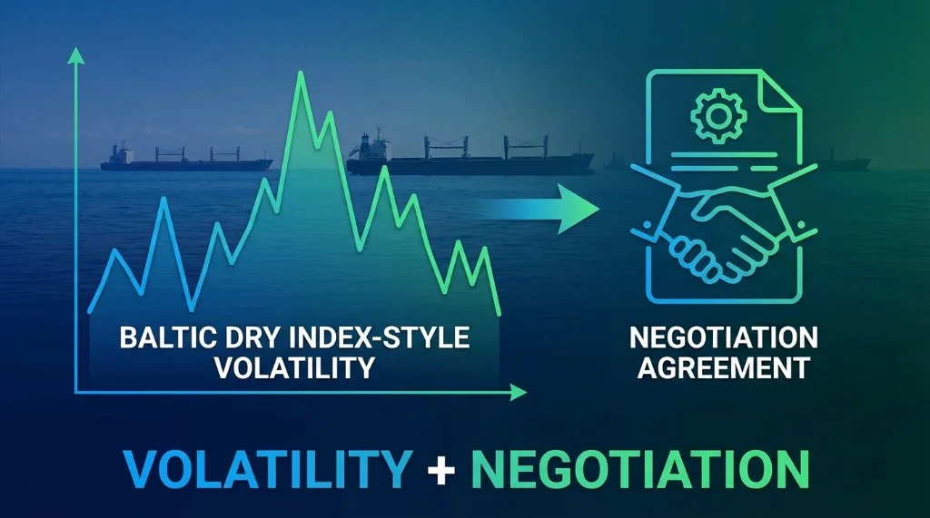 Volatility plus negotiation: Baltic Dry Index-style volatility graph and negotiation agreement; cargo ships in background.